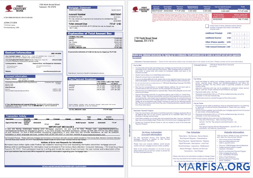 Downloadable USA First Century Bank mortgage statement in Word and PDF formats, 3 pages 1 2 download for verification